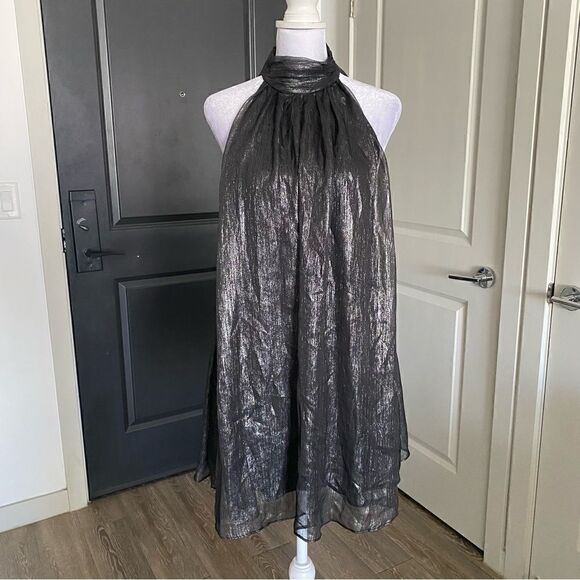Choosy Gray Metallic A-line Halter Mini Dress with Open Back and Bow Tie Size S - Picture 2 of 10
